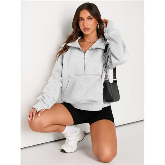 AUTOMET Half Zip Cropped Fleece Sweatshirt Hoodie Fall Winter Pullover Top - Picture 4 of 6